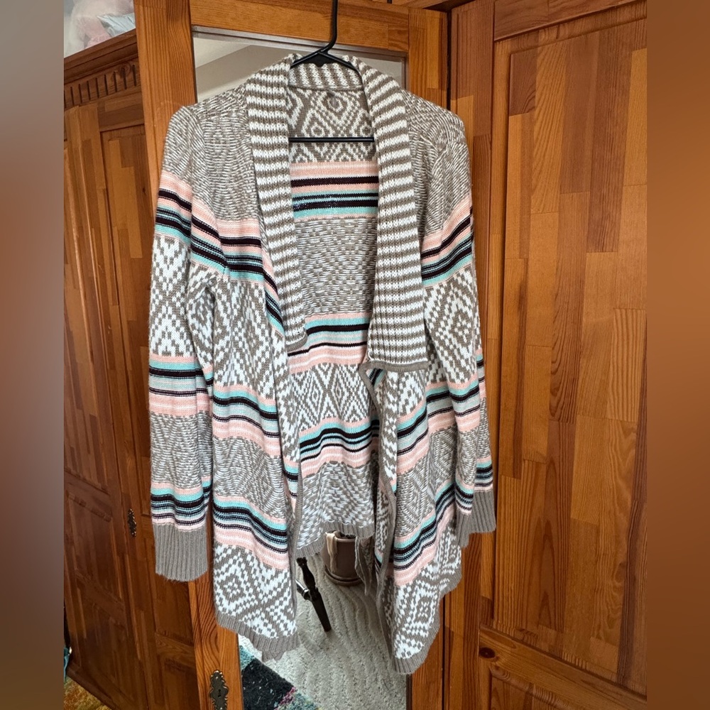 Vanity Geometric Striped Cardigan - Pink, Gray, Teal Cream - Large